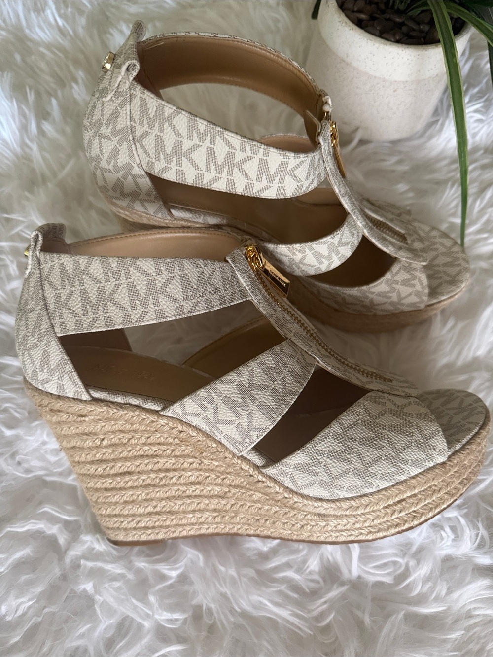 Michael Kors Ivory MK Monogram Zip Wedge Sandals